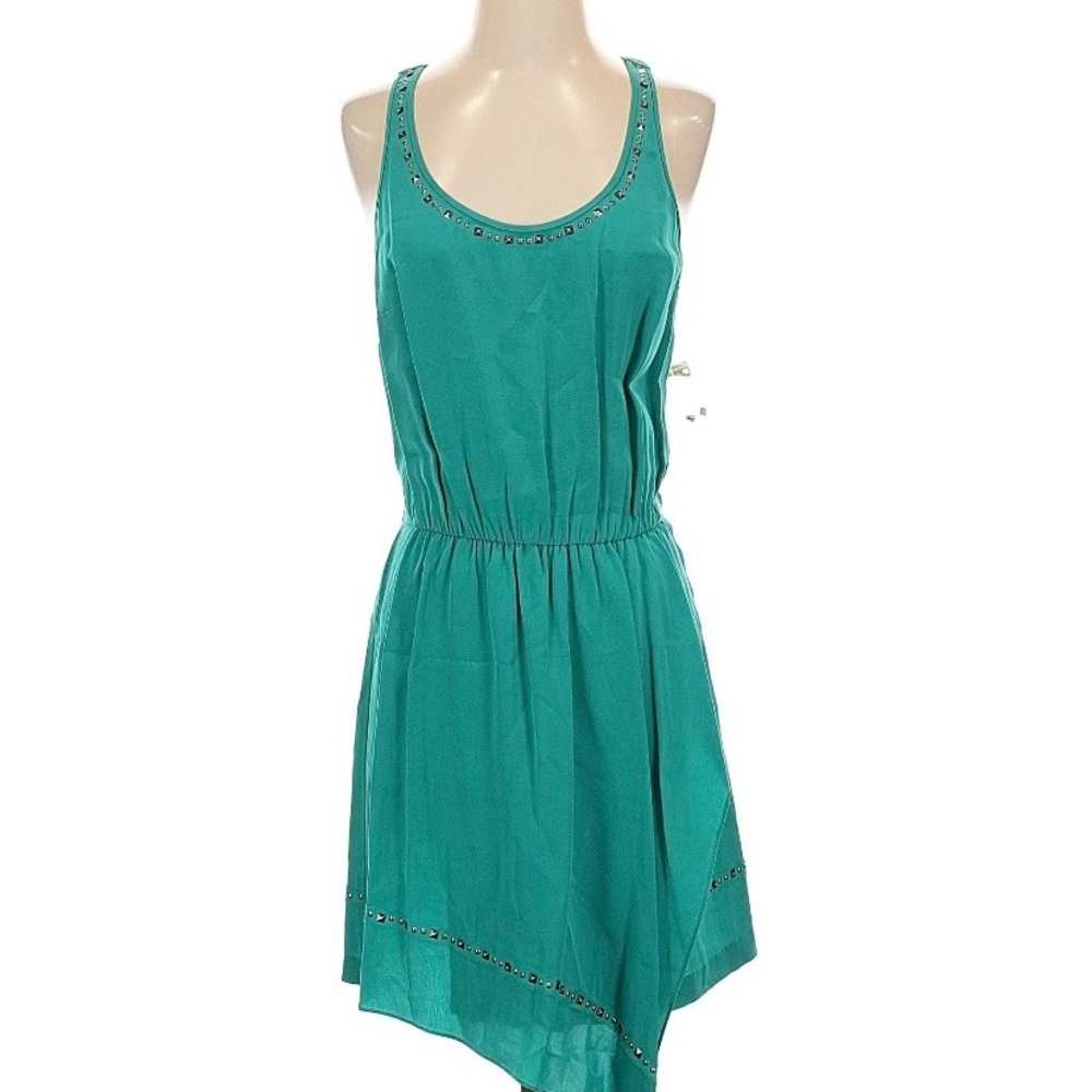 Nicole Miller Artelier 100% Silk Teal Dress with Studded Trim Size 4 NWOT